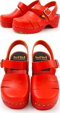 Red 'BaskemÃ¶lla Child' shoes by Swedish Hasbeens