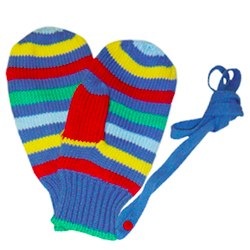 Knitted Mitts on Detachable Strings. Multi Boy Stripe