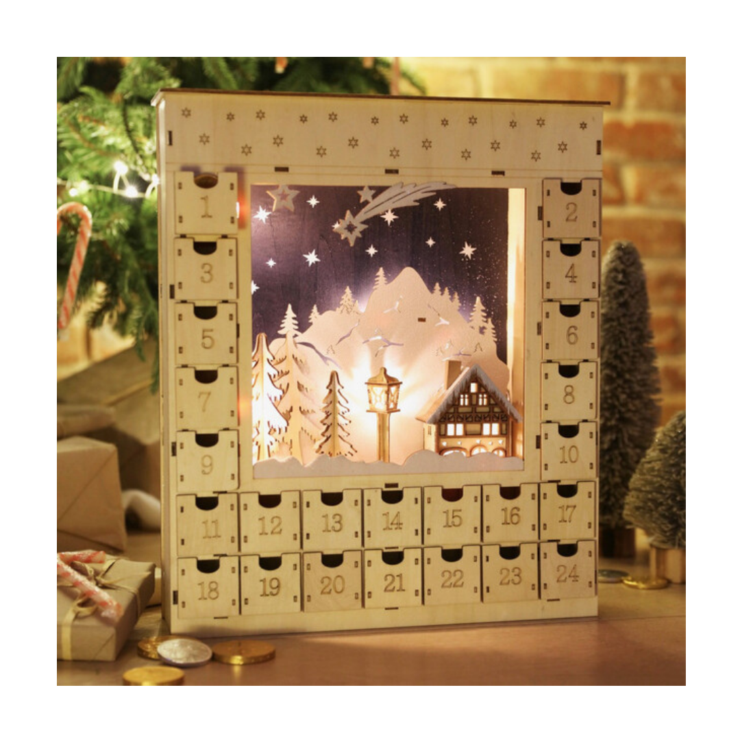 Wooden Winter Scene Fillable LED Advent Calendar, £40, Lisa Angel.