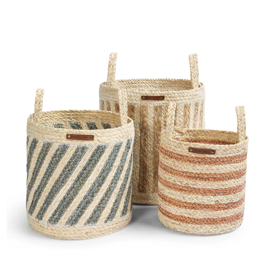 Set of three stripe baskets in Natural, £105, Avery Row